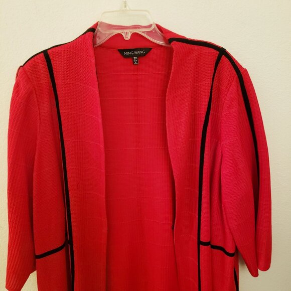 Ming Wang Red Cardigan with Black Trim Open Front 3/4th Sleeve Size 24/26W EUC - Picture 3 of 12